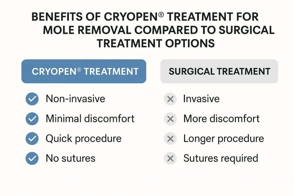 Table to show the benefits of getting moles removed Greater London (Greenwich) from LA LIPO