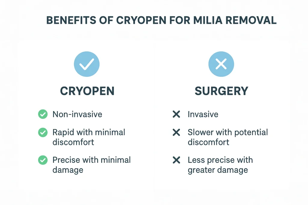 Benefits of cryopen for milia removal Greater London (Greenwich) compared to surgical treatments.