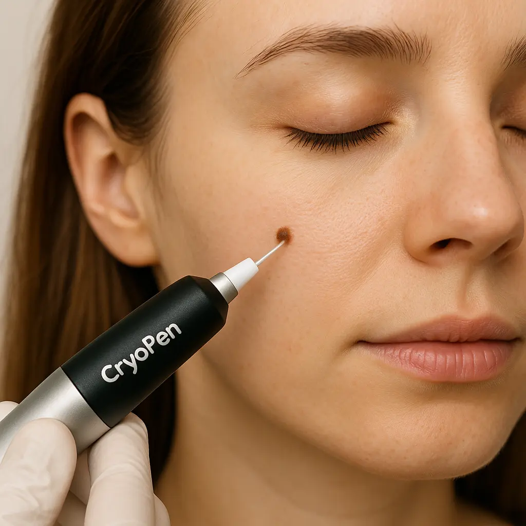 woman receiving facial mole removal Greater London (Greenwich) using cryopen 