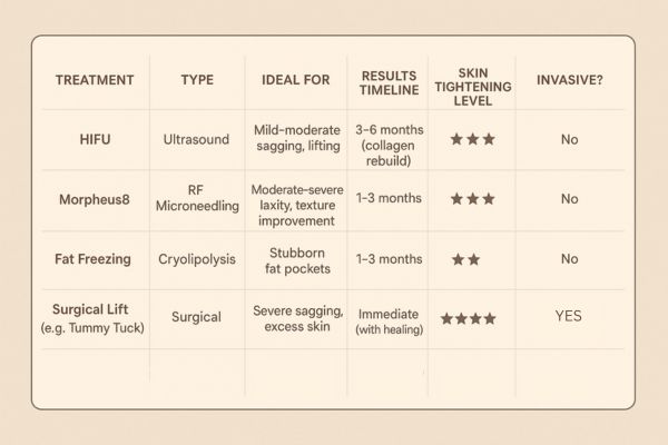 Table showing the comparisons of Skin tightening Greater London (Greenwich) treatment options. 